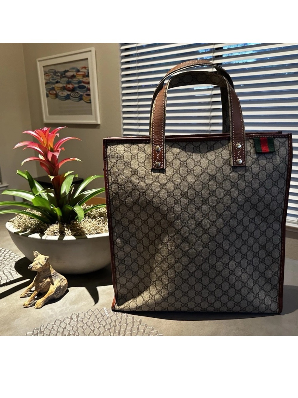Gucci Web Tall Tote Bag, w/ Supreme coated canvas, brown leather & gold hardware